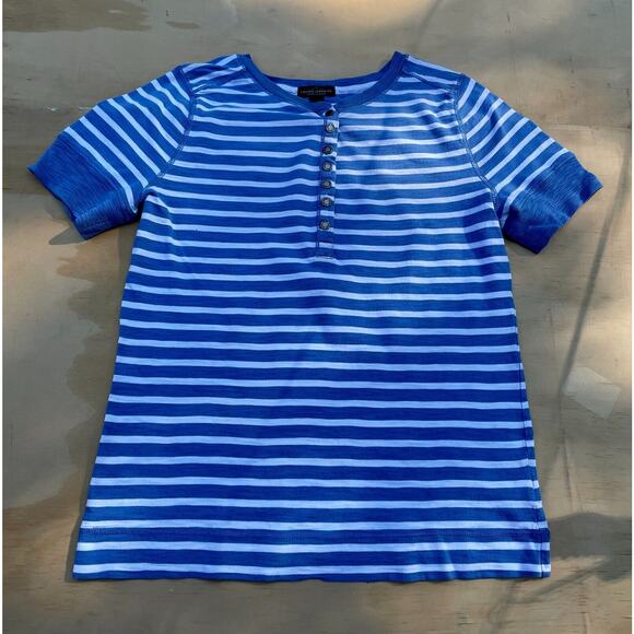 Lauren Jeans Co Ralph Lauren Blue and White Quarter Button Striped Shirt, Size S - Picture 1 of 5